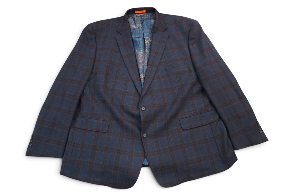Tallia Wool Sport Coat Mens 58L Navy Windowpane Plaid Elbow Patches